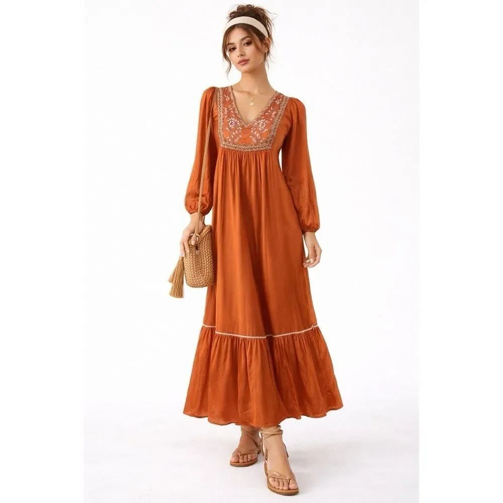 NWT- Ex Voto Embroidered V-Neck Dress in Burnt Orange sz Med